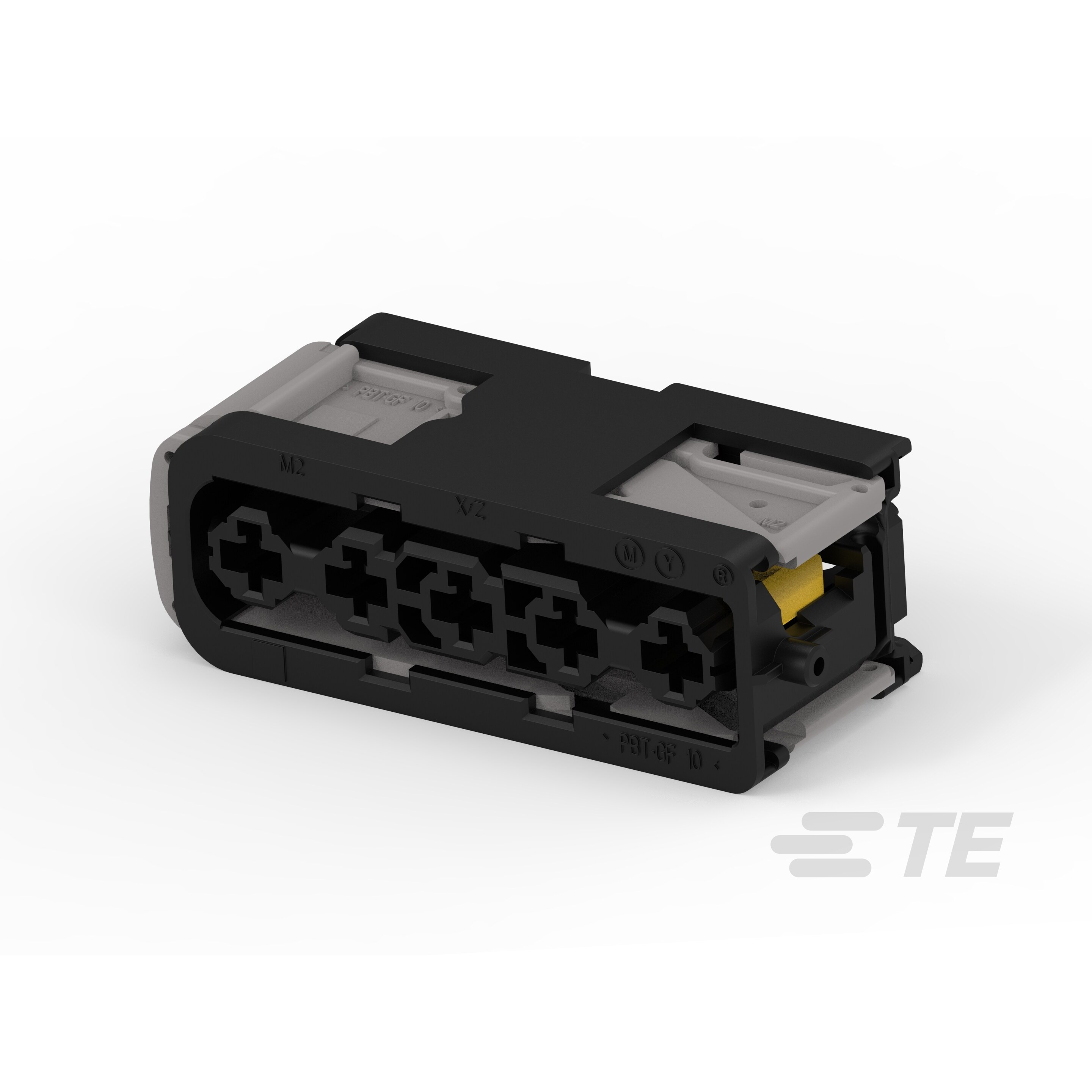 1544551-2 4 position female receptacle housing for 0.250" (6.35mm) quick disconnect terminals. Free hanging (in-line) mounting, black PBT GF10 material.