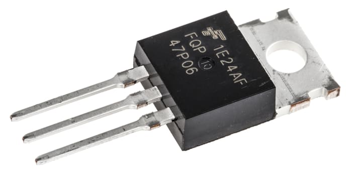 FQP47P06 P-Channel enhancement mode power MOSFET with 60V drain-source voltage and 47A continuous drain current in a TO-220-3 through-hole package.