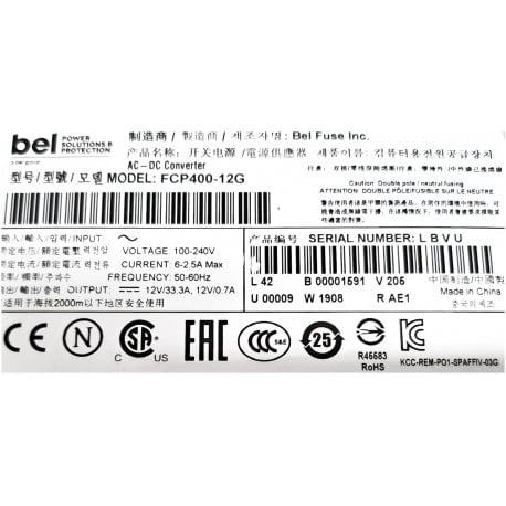 FCP400-12G The Bel Power Solutions FCP400-12G is a 400W AC-DC converter with a 12V output. It features a wide input voltage range of 90-264 VAC and includes I2C interface and load sharing capabilities.