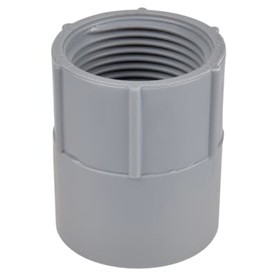 E942F The Thomas & Betts E942F is a 1-inch PVC female adapter designed for use with Schedule 40 and 80 conduit. It features female threads on one end and a socket end on the other.