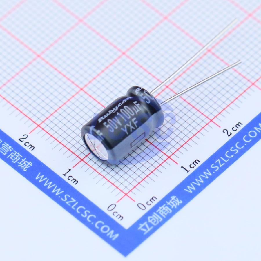50YXF100MEFC8X11.5 The Rubycon 50YXF100MEFC8X11.5 is an aluminum electrolytic capacitor rated for 50V with a capacitance of 100µF and ±20% tolerance. It has a maximum ESR of 11.5Ω at 100kHz.