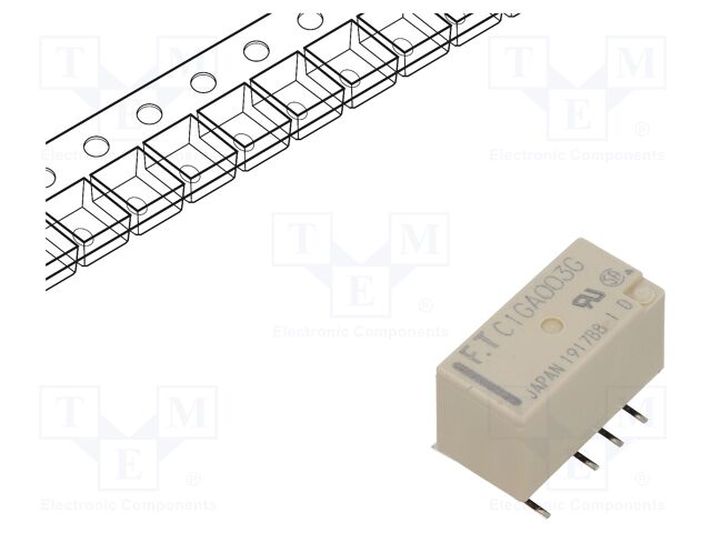 FTR-C1GA003G-B05 The FCL Components FTR-C1GA003G-B05 is a DPDT electromagnetic relay featuring a 3VDC coil and a maximum contact current of 2A. It is designed for SMT mounting.