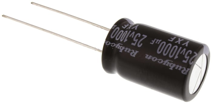 25YXF1000M12.5X20 This Rubycon 25YXF1000M12.5X20 is a 1000μF, 25V radial aluminum electrolytic capacitor. It is designed for applications requiring miniature, high-temperature components.