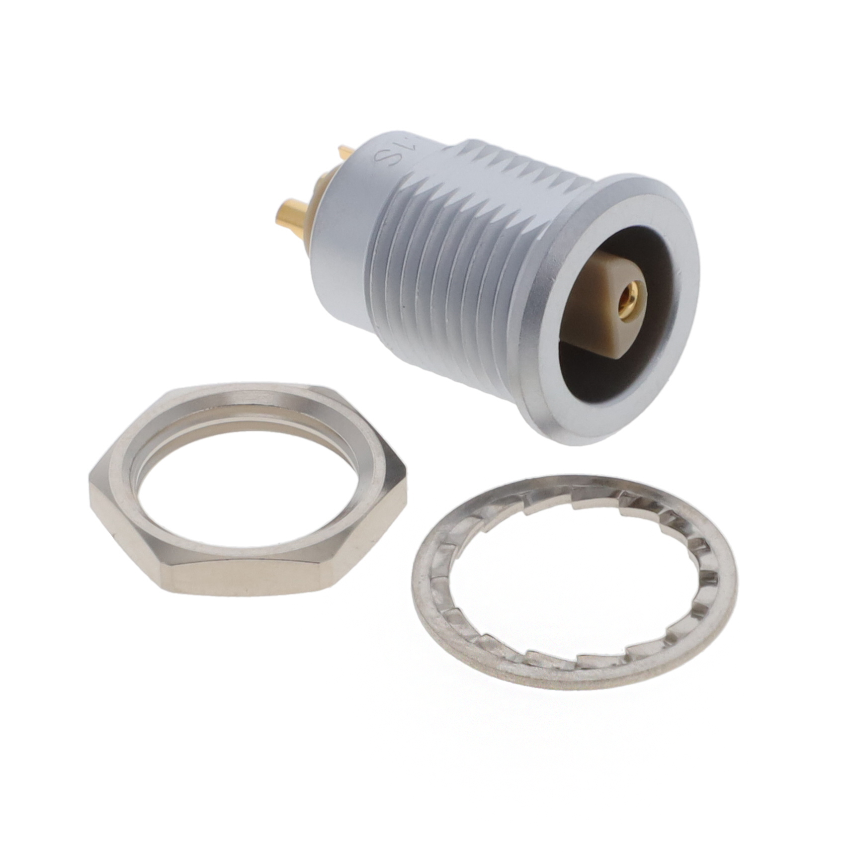 ERN.1S.302.CLL LEMO 1S series 2-position circular connector receptacle with gold-plated solder cup contacts, panel mount, and push-pull locking.