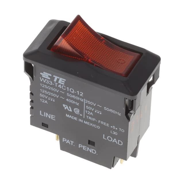 W33-T4C1Q-12 The TE Connectivity W33-T4C1Q-12 is a thermal circuit breaker designed for panel mounting. It features a 12A current rating and 250VAC voltage rating.