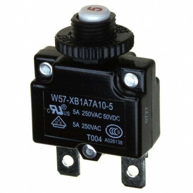W57-XB1A7A10-5 The TE Connectivity W57-XB1A7A10-5 is a thermal circuit breaker designed for panel mounting. It features a 5A current rating and 250VAC voltage rating.