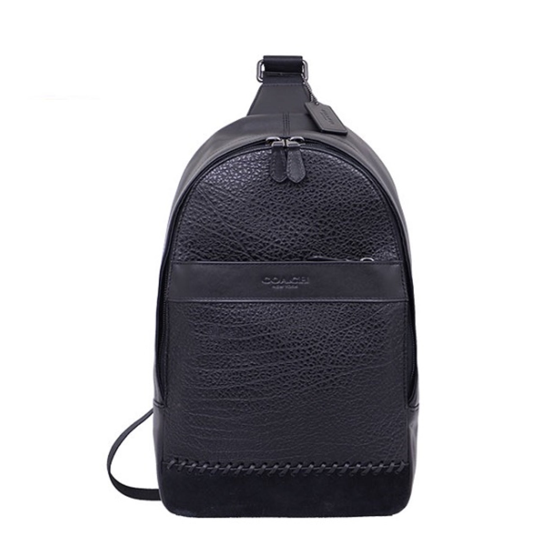 F11236 The Coach F11236 Charles Messenger Sling Pack is a black leather bag with baseball stitching. It is designed for everyday use.