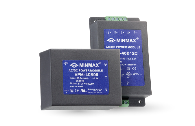 APM-40S05 The MINMAX APM-40S05 is a 40W AC-DC power module with a fully encapsulated plastic case. It offers universal input voltage and high isolation.