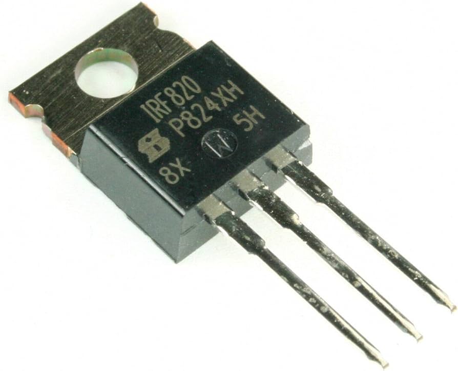 IRF820 IRF820 is a 500V N-Channel MOSFET from Harris Semiconductor. It features 4A continuous drain current, 3 Ohm on-resistance, and is housed in a TO-220-3 package.