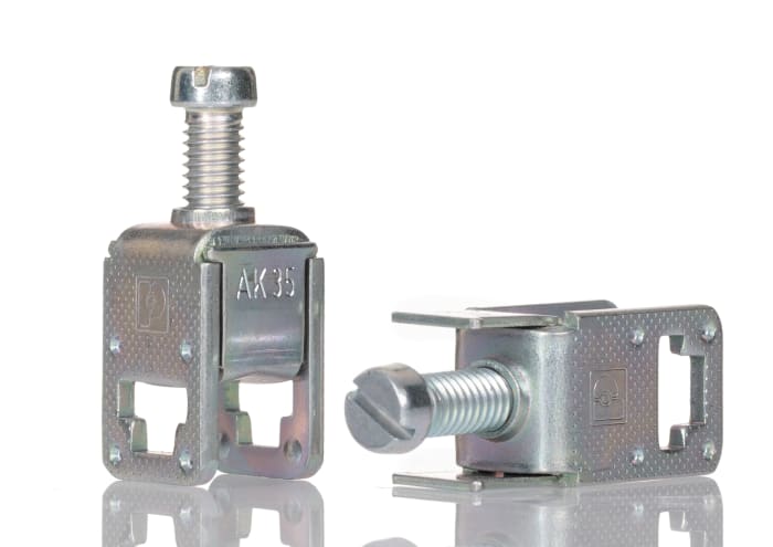AK35 The Phoenix Contact AK35 Series is a terminal block with a 140A current rating and supports wire sizes from 2.5mm² to 35mm². It features a busbar mount and screw termination.