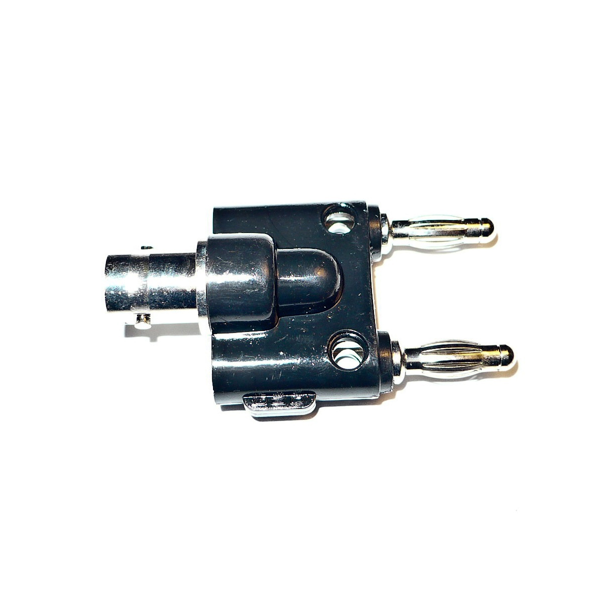 BU-00260 The Mueller Electric BU-00260 is a BNC female to dual banana plug adapter. It is typically used for adapting coaxial cables to laboratory equipment like oscilloscopes and signal generators.