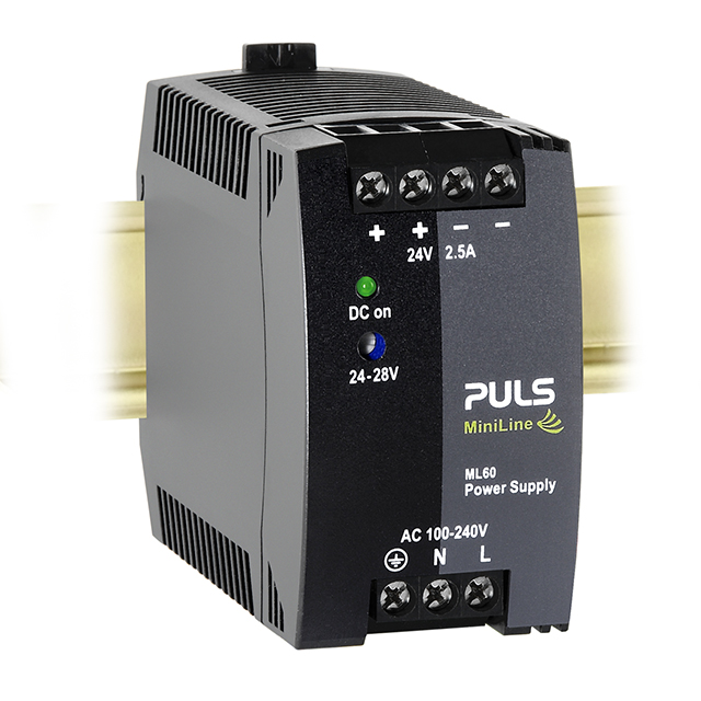 ML60.241 The PULS ML60.241 is a 24V, 2.5A, 60W single-phase AC/DC power supply with adjustable output voltage. It offers high efficiency up to 89.7% and a compact DIN rail mountable design.
