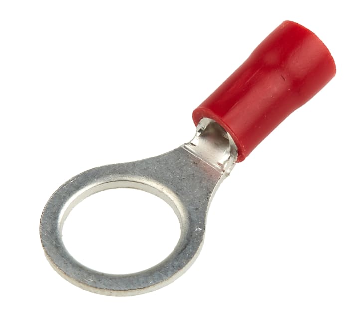 208-2492 This RS PRO insulated ring terminal (part number 208-2492) is designed for secure electrical connections. It features an M8 stud size and is suitable for wire gauges from 22 AWG to 16 AWG.