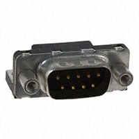 D09P33E4GV00LF D-Sub connector plug with 9 male pins, right-angle through-hole mounting, solder termination, and gold flash contacts.