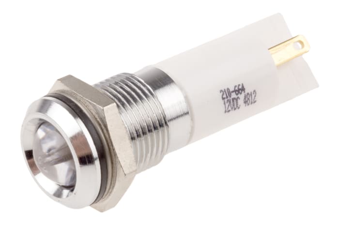 210-664 The RS PRO 210-664 is a panel mount LED indicator with a white light output. It operates at 12VDC and offers an IP67 ingress protection rating.
