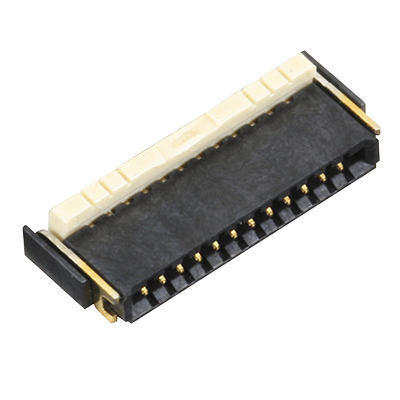 AYF531035 10-position, 0.5mm pitch FFC/FPC connector from Panasonic. Surface mount right angle with flip lock actuator.
