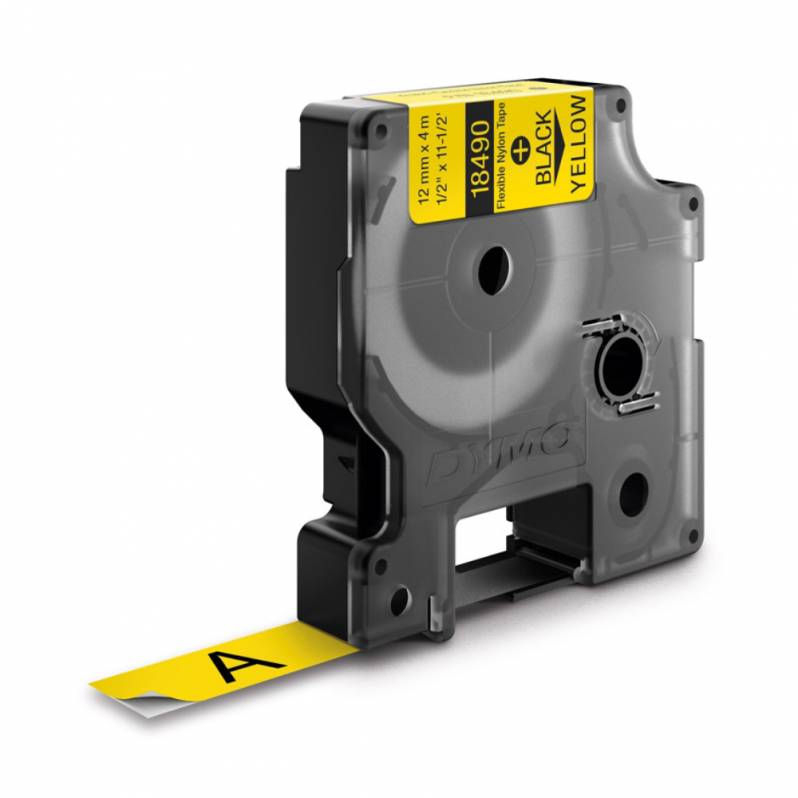 DYMO Flexible Nylon This Dymo Flexible Nylon tape is designed for durable labeling applications. It features a 12mm width and comes in Black/Yellow.