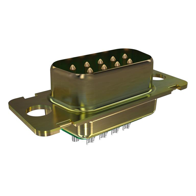 DDMF50P D-Sub plug with 50 male pins, solder cup termination, free hanging mounting. Rated for 7.5A current, gold plated contacts.