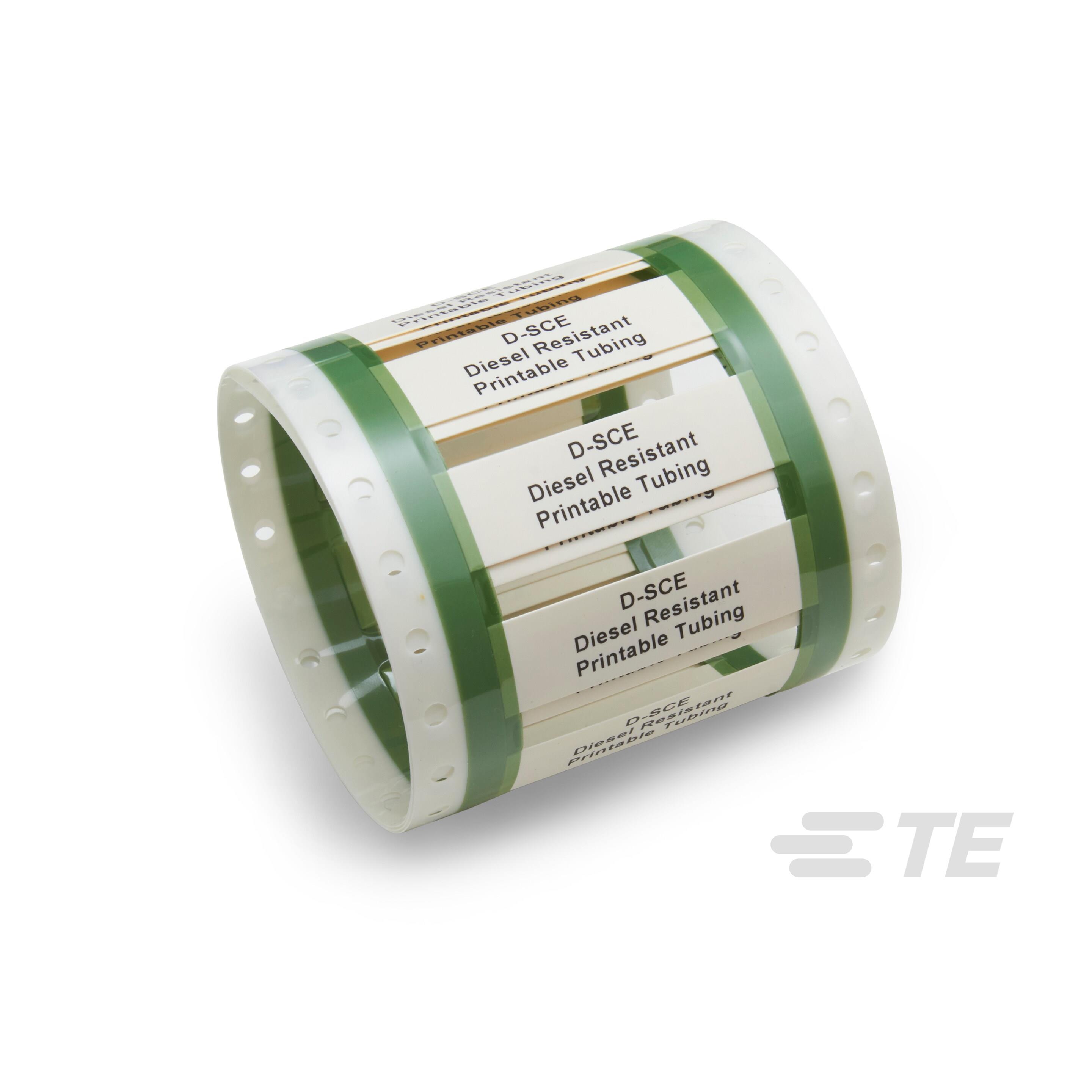 D-SCE-1K-4.8-50-9 White heat shrinkable label from TE Connectivity. Made of irradiated polyolefin, measures 4.8mm x 48.3mm, and works with dot matrix and thermal transfer printers.