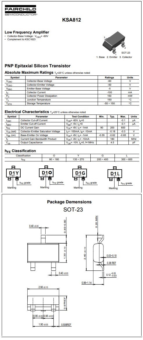 KSA812-Y-MTF The KSA812-Y-MTF is a low frequency amplifier transistor from KEC, housed in a SOT-23 package. It offers a collector-emitter breakdown voltage of 60V and a maximum collector current of 100mA.