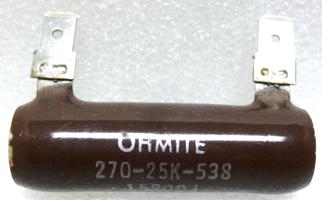 270-25k-538 This Ohmite 270-25K-538 is a wirewound resistor with 15 Ohms resistance and a 25 Watt power rating. It features a vitreous enamel coating and solder tab contacts.