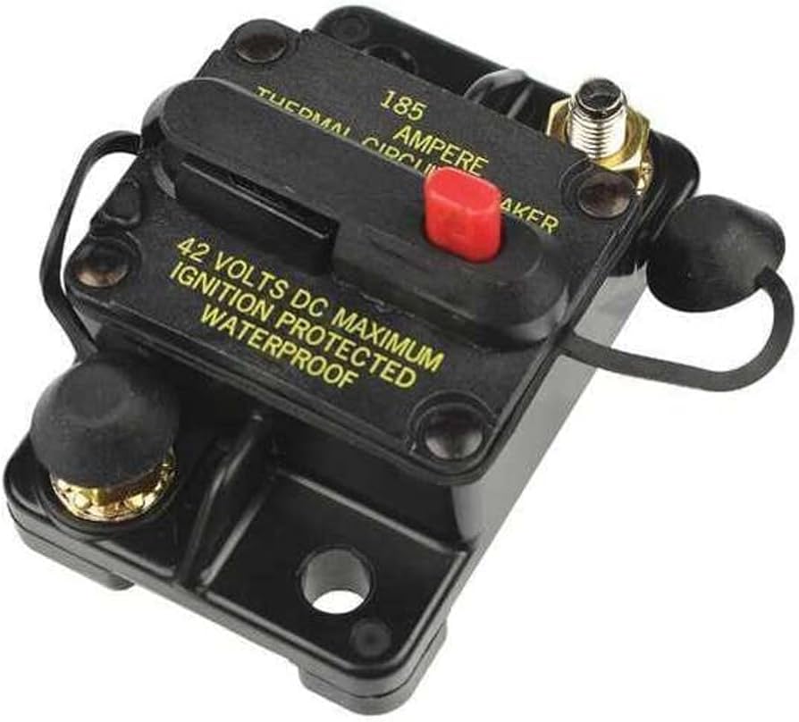 CB185-50 Thermal circuit breaker rated 50A at 48V. Single-pole, push-to-reset, panel mount.