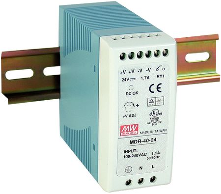 MDR-20-15 Mean Well MDR-20-15 is a 20W DIN Rail power supply with a single 15V output. It features universal AC input (85-264VAC) and adjustable output, with 3kV isolation.