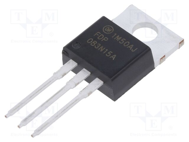 FDP083N15A-F102 N-Channel MOSFET rated for 150V drain-source voltage and 83A continuous drain current. Housed in a TO-220-3 through-hole package.