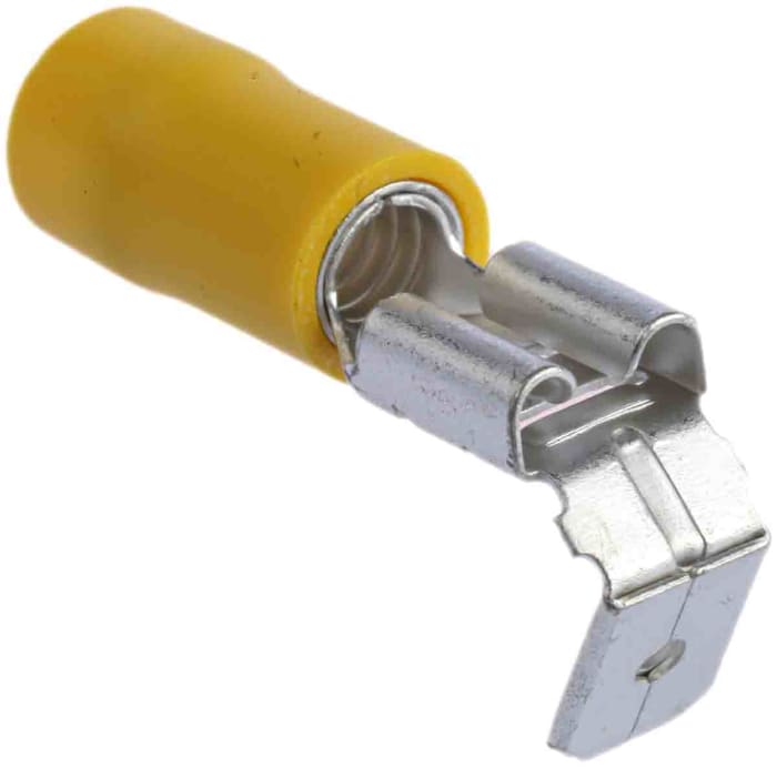 534-878 This RS PRO 534-878 is a yellow insulated female spade connector designed for crimp termination. It accommodates wire sizes from 12 AWG to 10 AWG.