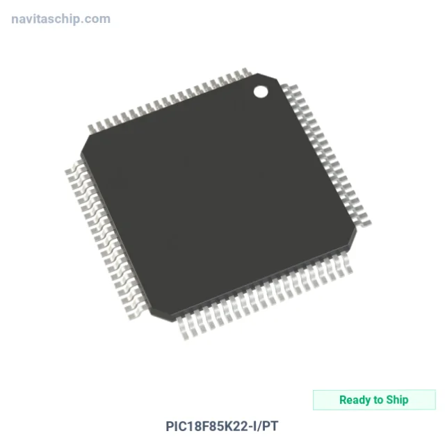 PIC18F85K22-I/PT The Microchip PIC18F85K22-I/PT is an 8-bit microcontroller featuring 32KB of Flash program memory and operating at speeds up to 64MHz. It supports a wide supply voltage range from 1.8V to 5.5V.