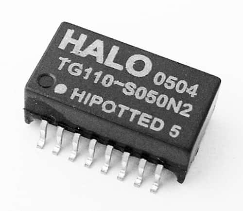 TG110-S050N2 The Halo Electronics TG110-S050N2 is an SMT Hi-potted Telecom Transformer designed for 10/100Base-TX and ATM155 applications. It offers 1500Vrms isolation and a 1.5 ohm max primary DCR.