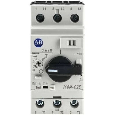 140M-C2E-B16 The Allen-Bradley 140M-C2E-B16 is a 3-pole motor protection circuit breaker with a rated operational current of 1.6A and a magnetic trip setting of 21A. It offers a high breaking capacity and is designed for DIN rail mounting.
