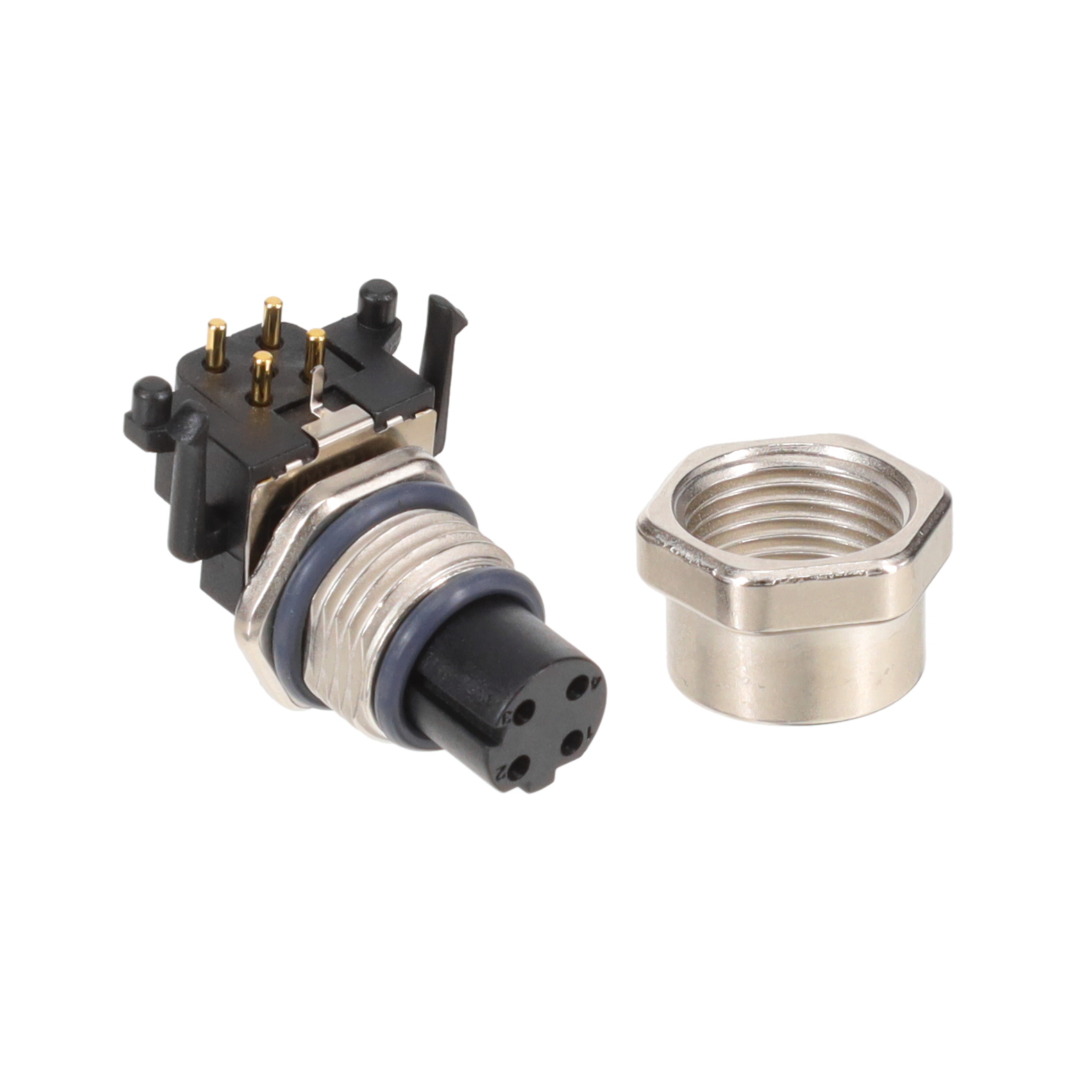 MSDS-04PFFR-SF7003 M12-4 D-Code shielded plug with 4 female sockets. Panel mount, right angle, solder termination, IP67 rated.