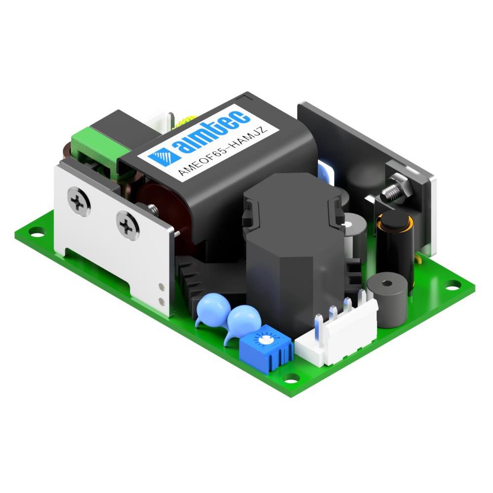 AMEOF65-36SHAMJZ The Aimtec AMEOF65-36SHAMJZ is an enclosed AC/DC converter with 65W power output. It features a universal input voltage range and dual 36V outputs.