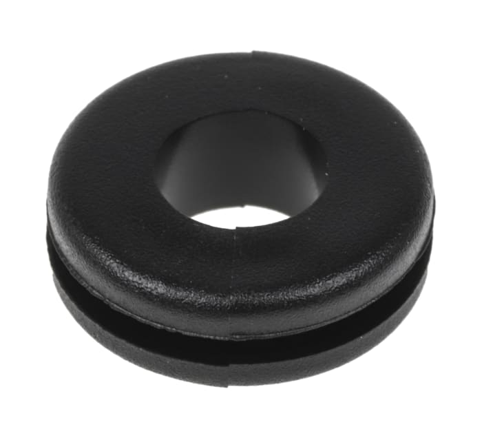 543-204 This RS PRO cable grommet is constructed from black Polyvinyl Chloride and designed for cable feed-through. It features a 9.5mm panel hole diameter and accommodates a maximum cable diameter of 6.4mm.