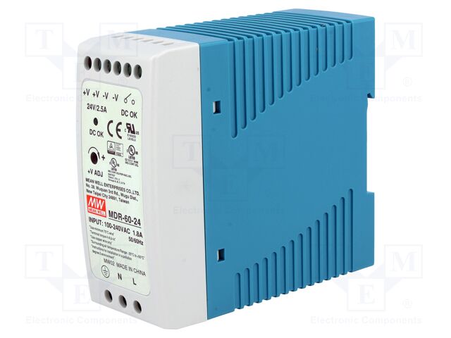 MDR-60-24 The MDR-60-24 is a 60W DIN rail power supply from Mean Well USA, providing a regulated 24V output at 2.5A. It accepts a wide AC input range of 85~264 VAC and operates at 88% efficiency.