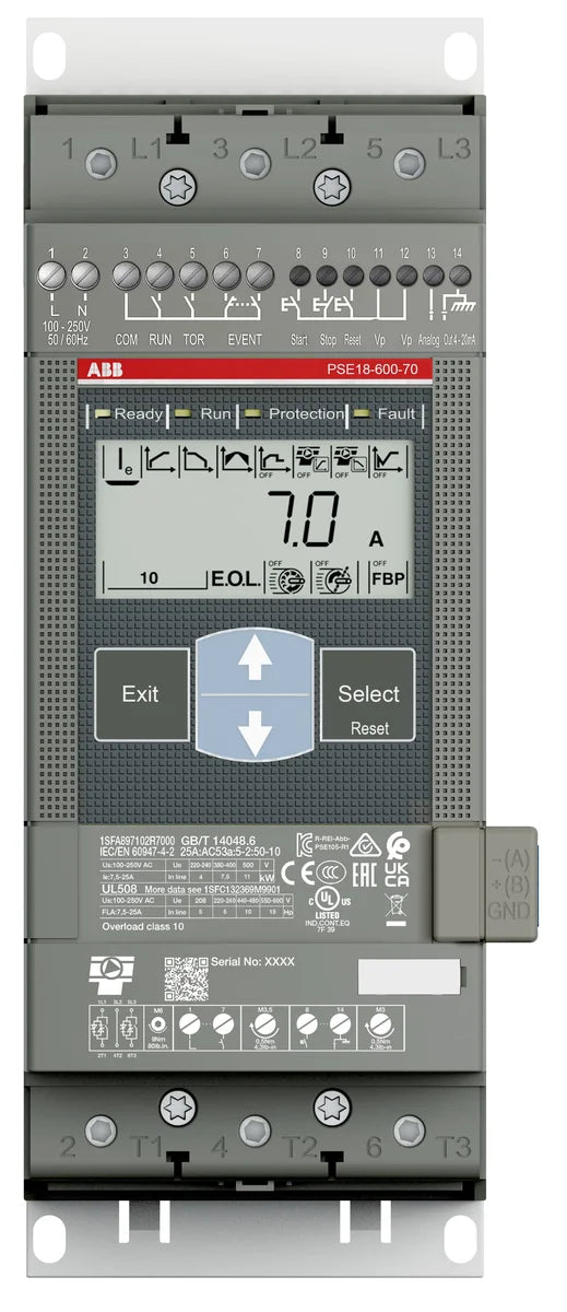 1SFA897101R7000 The ABB 1SFA897101R7000 is a 3-pole, 18A soft starter from the PSE series, designed for controlled motor acceleration. It operates with a rated voltage of 208-600V AC and a control voltage of 110-250V AC.