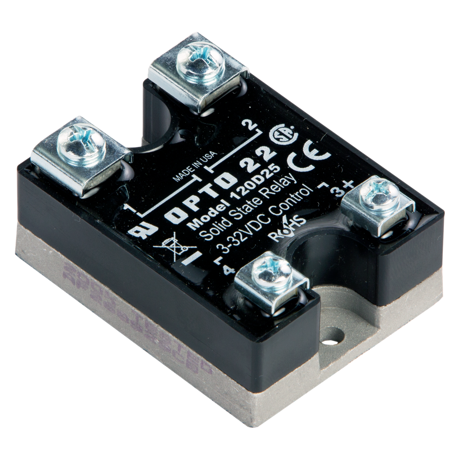 120D25 The Opto 22 120D25 is a DC-controlled solid state relay designed to switch 120 VAC at up to 25 A. It offers 4000 volts of optical isolation.
