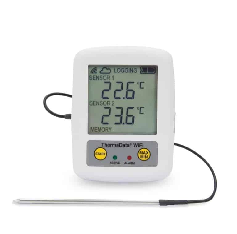 298-011 The ETI ThermaData TD1F WiFi Logger offers wireless temperature monitoring with both a remote probe and an internal sensor. It provides online data access and programmable high/low alarms.