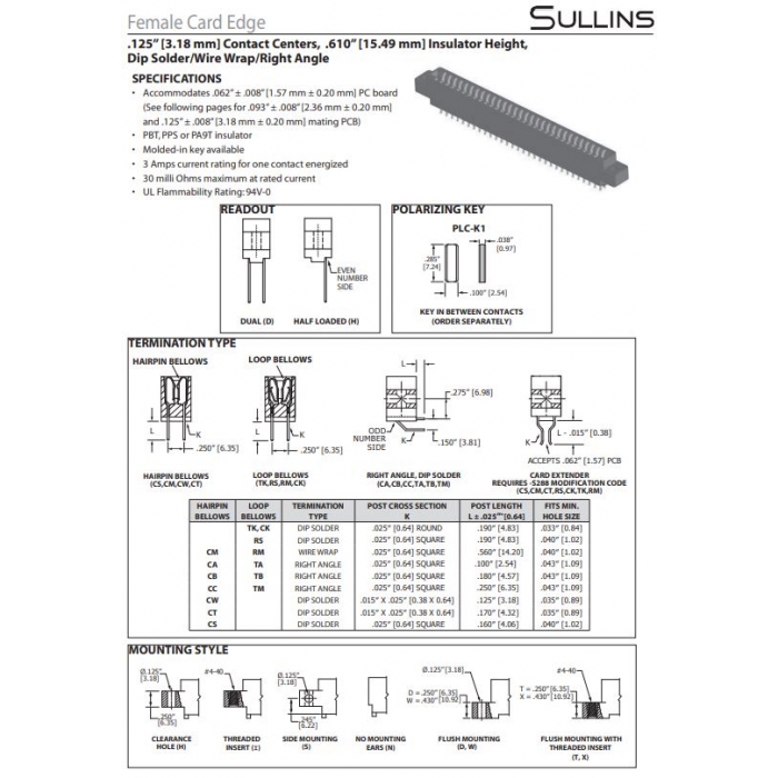 ECA36DRST-S1269 Edgeboard connector with 36 positions per row (dual readout, 72 total contacts) on 0.125" (3.18mm) pitch. Female, through hole mounting, solder termination, gold plated contacts.
