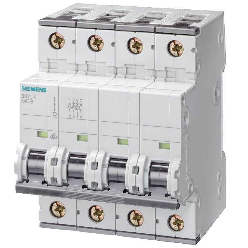 5SY4608-7 This Siemens 5SY4608-7 is a 4-pole circuit breaker rated for 8A and 400V. It features a C tripping characteristic for handling startup loads.
