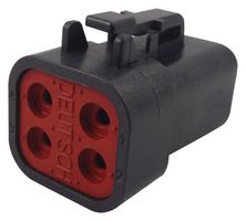 DTP06-4S-E004 4 position rectangular connector housing for female terminals. Features 6.71mm pitch, 25A current rating, and IP6K9K/IP68 sealing.