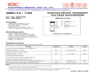 SMBJ6.0A The SMBJ6.0A is a Transient Voltage Suppressor (TVS) diode from SLKOR, designed for circuit protection. It features a 6V reverse standoff voltage and a 600W peak pulse power rating.