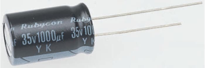 16YK470M8X11.5 This Rubycon 16YK470M8X11.5 is an electrolytic aluminium capacitor with a capacitance of 470µF and a voltage rating of 16V dc. It is designed for through-hole mounting.