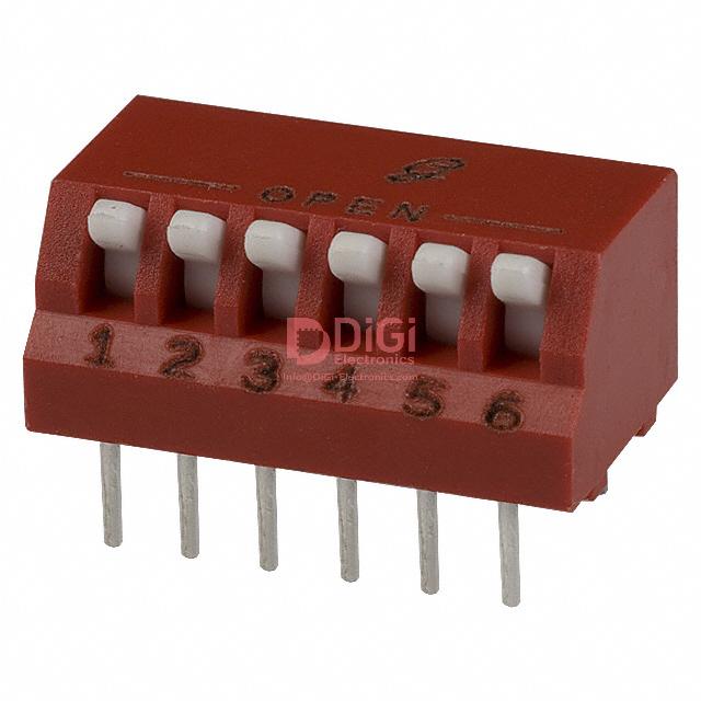 76PSB06 The Grayhill Inc. 76PSB06 is a Single Pole Single Throw (SPST) DIP switch with a piano actuator. It features 6 positions and is designed for through-hole, right-angle mounting.