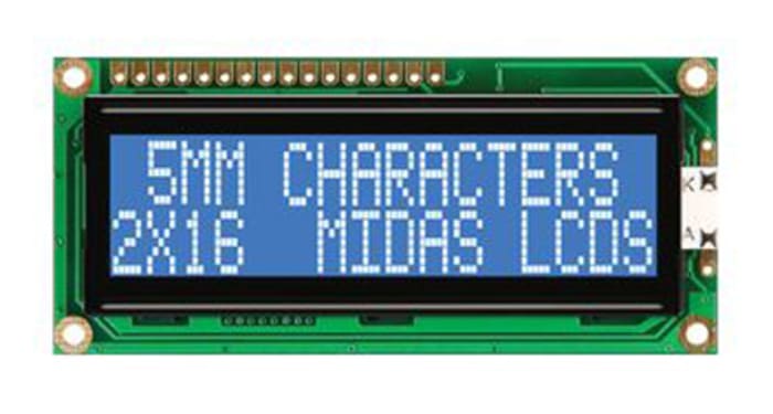 MC21605G6WD-BNMLW This Midas Displays MC21605G6WD-BNMLW is an alphanumeric LED LCD monochrome display featuring a 2x16 character matrix and a blue on white illumination. It operates within a temperature range of -20°C to 70°C.