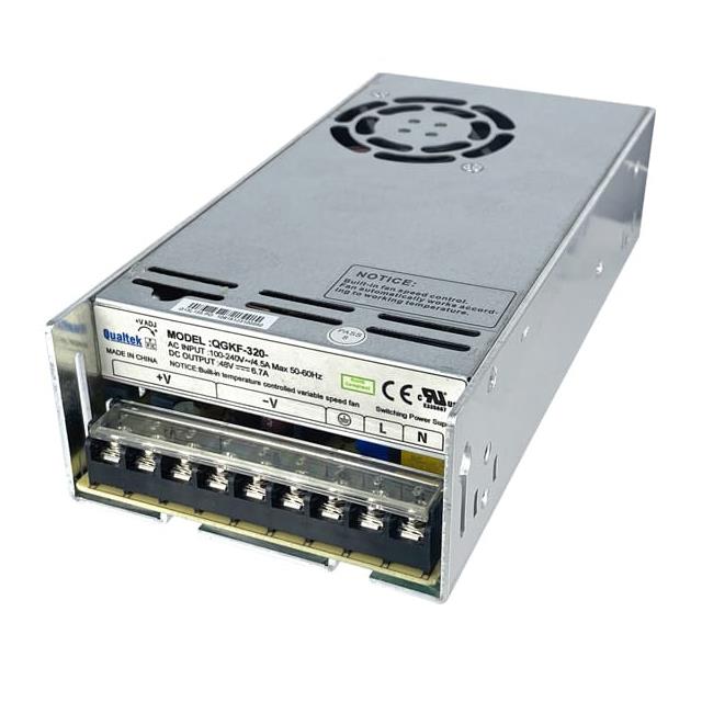 QGKF-320-24 The Qualtek QGKF-320-24 is an enclosed AC/DC converter providing 320W of power with a 24VDC output. It features a universal input voltage range of 85-264VAC.