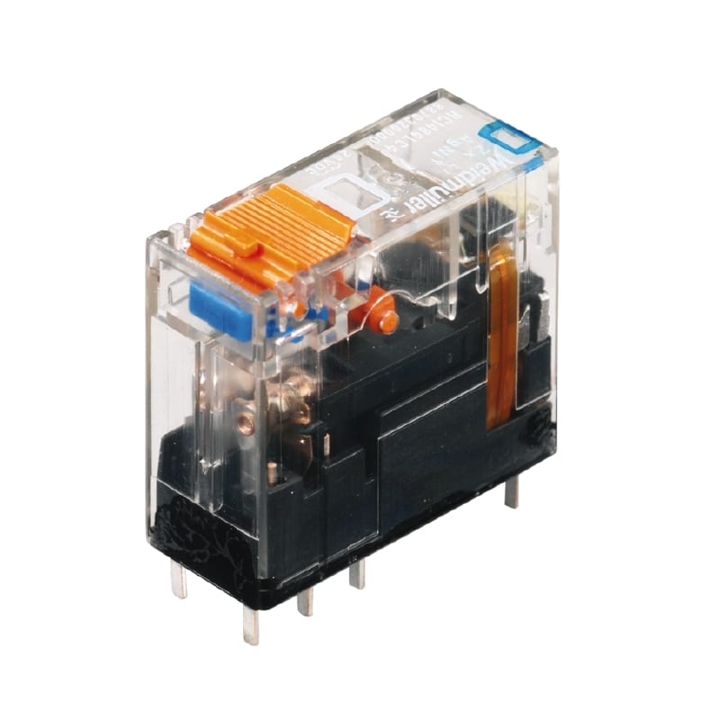 RCI374R24 The Weidmüller RCI374R24 is a miniature industrial relay featuring a 24 VAC coil and a 16A continuous current rating. It includes one changeover contact with a test button and a red LED status indicator.