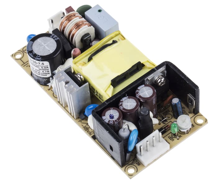 PS-35-7.5 The Mean Well PS-35-7.5 is a 35W AC/DC converter with a 7.5V DC output and 4.7A current. It features a universal input voltage range and an open frame package.