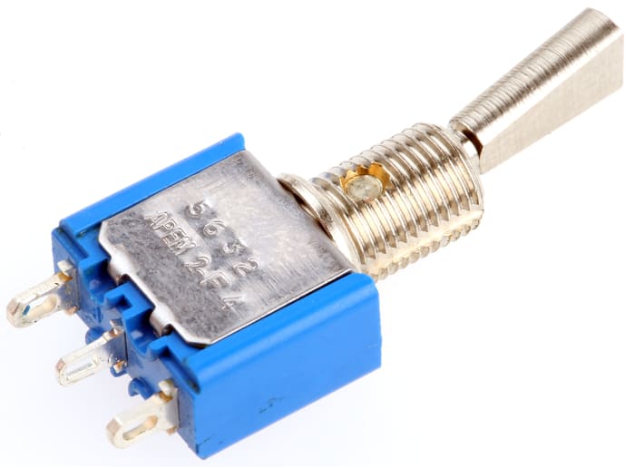 5632A9 The APEM 5632A9 is a SPDT On-On toggle switch designed for panel mounting. It features a 4A contact current rating and operates at up to 30V dc or 250V ac.